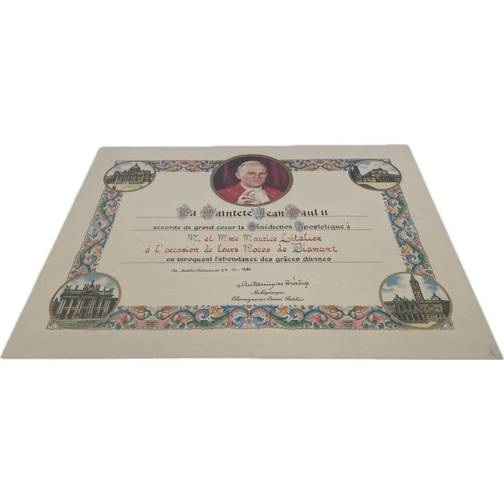Vintage 1986 Pope John Paul II Papal Blessing Parchment Certificate